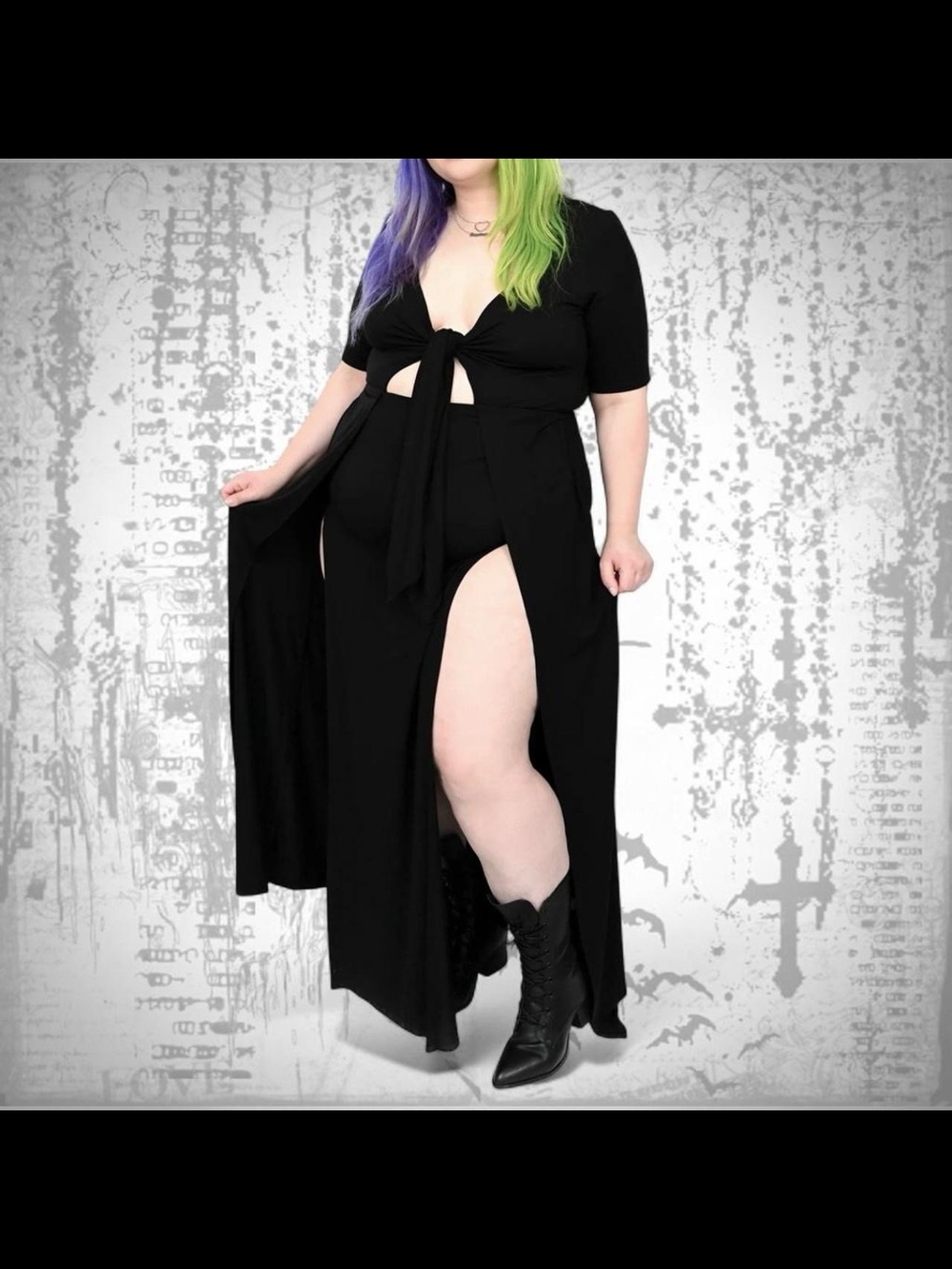Foxblood Marcie Black Tie-Front Maxi Dress with Double High Slit